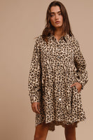 BiBi Leopard Print Washed Denim Button Down Dress in Oatmeal