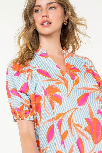 THML Striped and Floral Print Top in Light Blue
