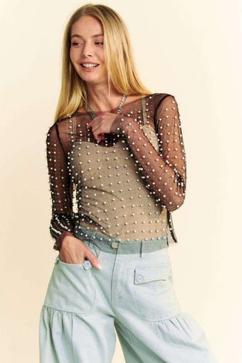 Davi & Dani Sheer Mesh Pearl and Stone Embellished Top in Black