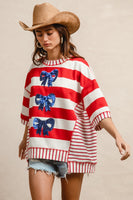 BiBi OVERSIZED Mix n Match Stripe Top with Sequin Bows in Red
