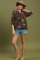 Umgee Floral Ruffle Neck Blouse in Brown Mix