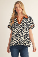 Jodifl Contrast Accent Loose Fit Geo Print Top in Black