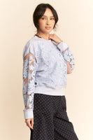 Davi & Dani Sheer Floral Embroidered Sweatshirt in Blue