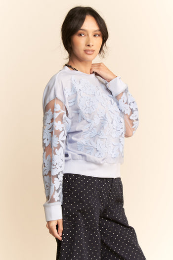 Davi & Dani Sheer Floral Embroidered Sweatshirt in Blue