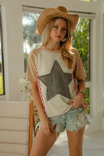 Load image into Gallery viewer, BiBi Fitted Denim Star Patched Top with Stripe Details in Cream/Latte/Red
