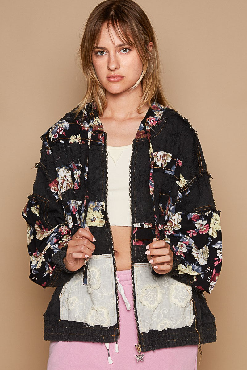 POL Vintage Washed Jacket with Mixed Patches in Black Floral Multi