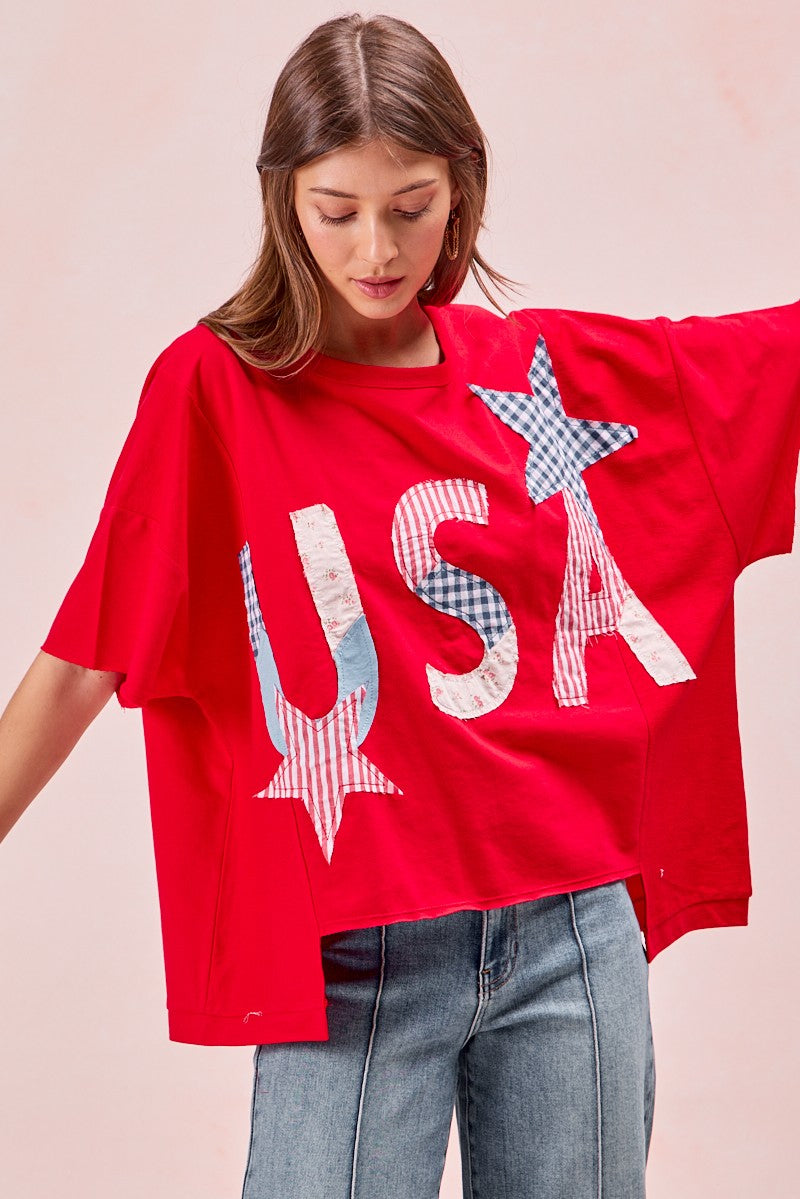 BiBi Oversized Knit Top with Mix n Match USA Patchwork in Red
