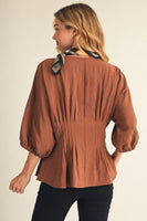 Jodifl Pintuck Waistline Detail Button Down Top in Mocha