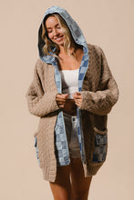 Load image into Gallery viewer, BiBi Cable Knit and Checkered Denim Zip Up Cardigan in Latte/Denim
