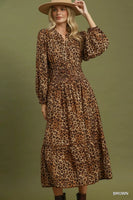 Umgee Leopard Print Smocked Waist Tiered Midi Dress