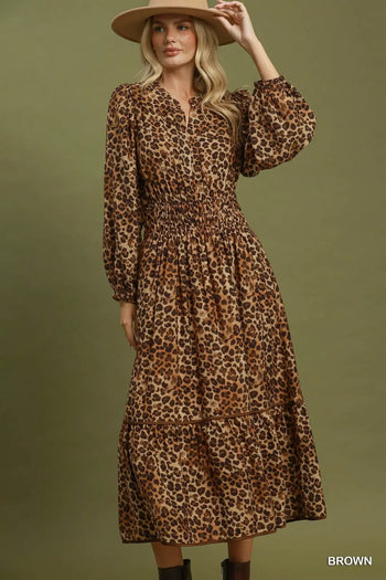 Umgee Leopard Print Smocked Waist Tiered Midi Dress