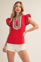 Jodifl Solid Color Woven Top with Plaid Accents in Red