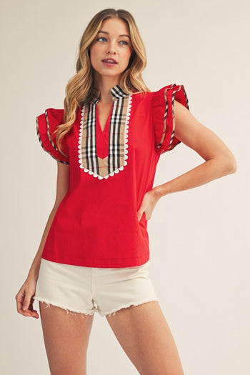 Jodifl Solid Color Woven Top with Plaid Accents in Red