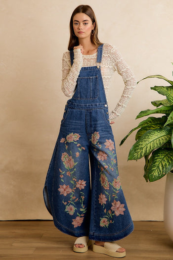 BiBi Floral Patchwork Denim Overalls in Washed Denim