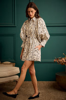 So Me Floral Collared Long Puff Long Sleeve Tie Waist Mini Dress in Cream