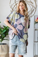 Oli & Hali OVERSIZED Mineral Washed Floral Patched Top in Navy