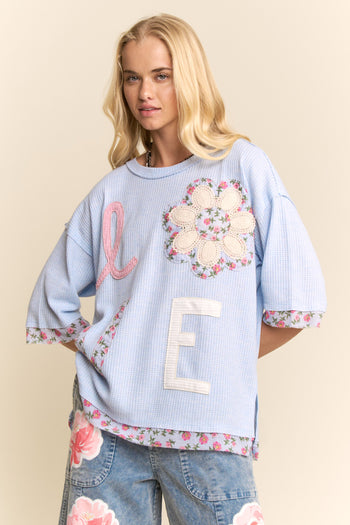 Davi & Dani LOVE Letter Patchwork Top in Light Blue