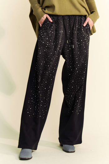 Davi & Dani Stone Embellished Wide Leg Pants in Black