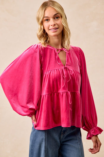 BiBi Velvet Bow Tie Tiered Top in Fuchsia