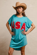 BiBi Solid Color Jersey Knit Dress with Layered USA Patched Front in Vintage Turquoise
