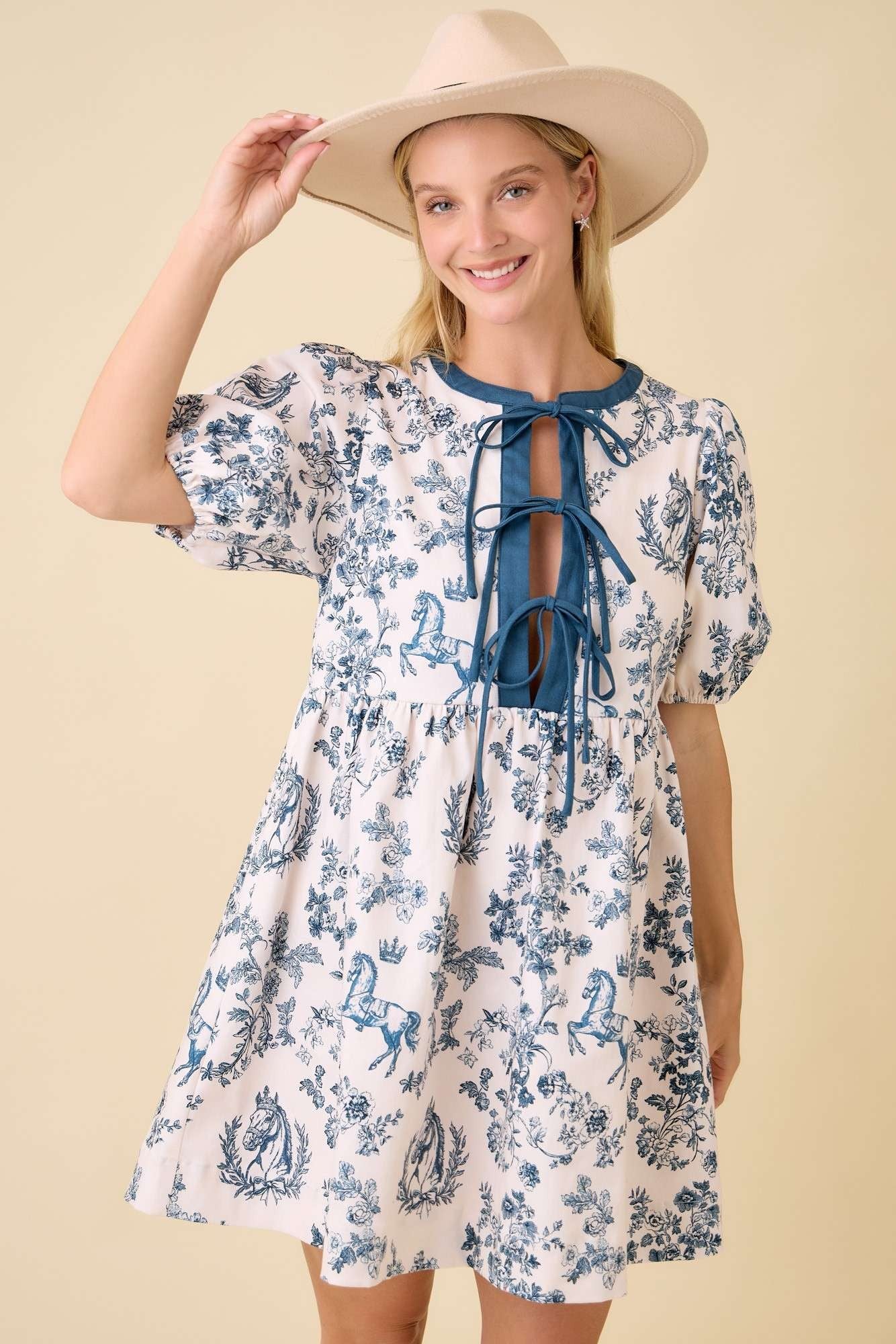 Main Strip Vintage Horse Toile Print Denim Mini Dress in Dark Navy S