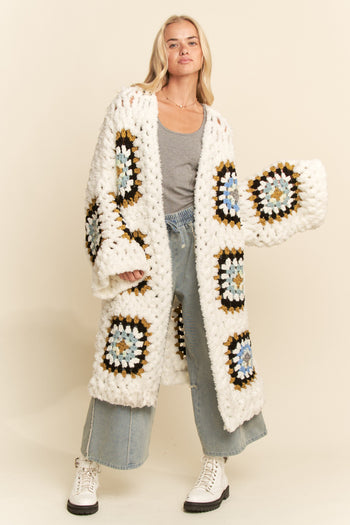 Davi & Dani Granny Square Crochet Cardigan in White Multi