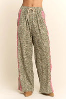 Davi & Dani Leopard Pants with Contrasting Lace Stripe in Green Leopard