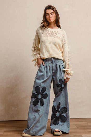 BiBi Flower Patched Washed Chambray Pants in Denim/Dark Denim