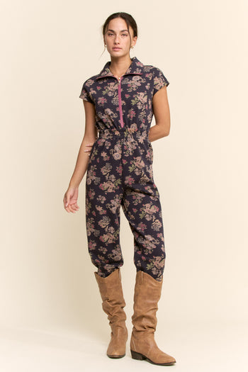 Davi & Dani Floral Print Scuba Zipper Front Jumpsuit in Navy