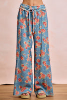 BiBi Floral Print Waffle Thermal Wide Leg Pants in Denim