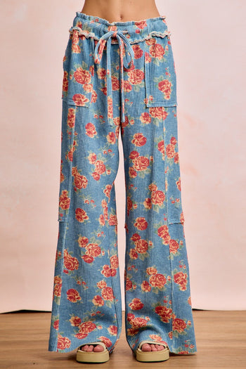 BiBi Floral Print Waffle Thermal Wide Leg Pants in Denim
