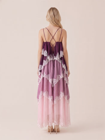 Lena Romantic Layered Maxi Dress in Wine Multi