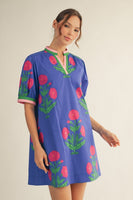 Jodifl Floral Print and Stripe Detail Shift Dress in Blue