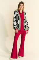 Davi & Dani Front Button Down Cardigan with Checkered & Clover Print in Black Beige FINAL SALE