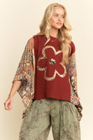 Davi & Dani Boho Patchwork Knit Poncho Top in Burgundy
