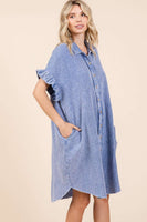 Mittoshop Cotton Gauze Mini Length Shirt Dress in Blue FINAL SALE