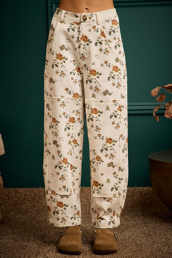 So Me Floral Print Mid Rise Wide Pants in Ivory