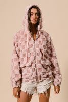 BiBi Checkered Pattern Zip Up Front Sherpa Hoodie in Dusty Pink/Blush