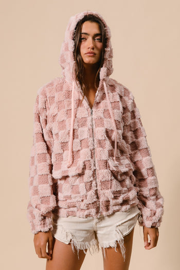 BiBi Checkered Pattern Zip Up Front Sherpa Hoodie in Dusty Pink/Blush