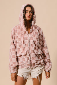 BiBi Checkered Pattern Zip Up Front Sherpa Hoodie in Dusty Pink/Blush