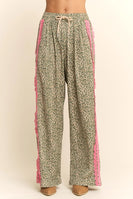 Davi & Dani Leopard Pants with Contrasting Lace Stripe in Green Leopard