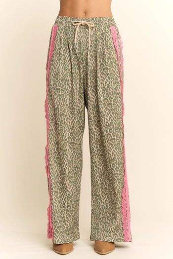 Davi & Dani Leopard Pants with Contrasting Lace Stripe in Green Leopard