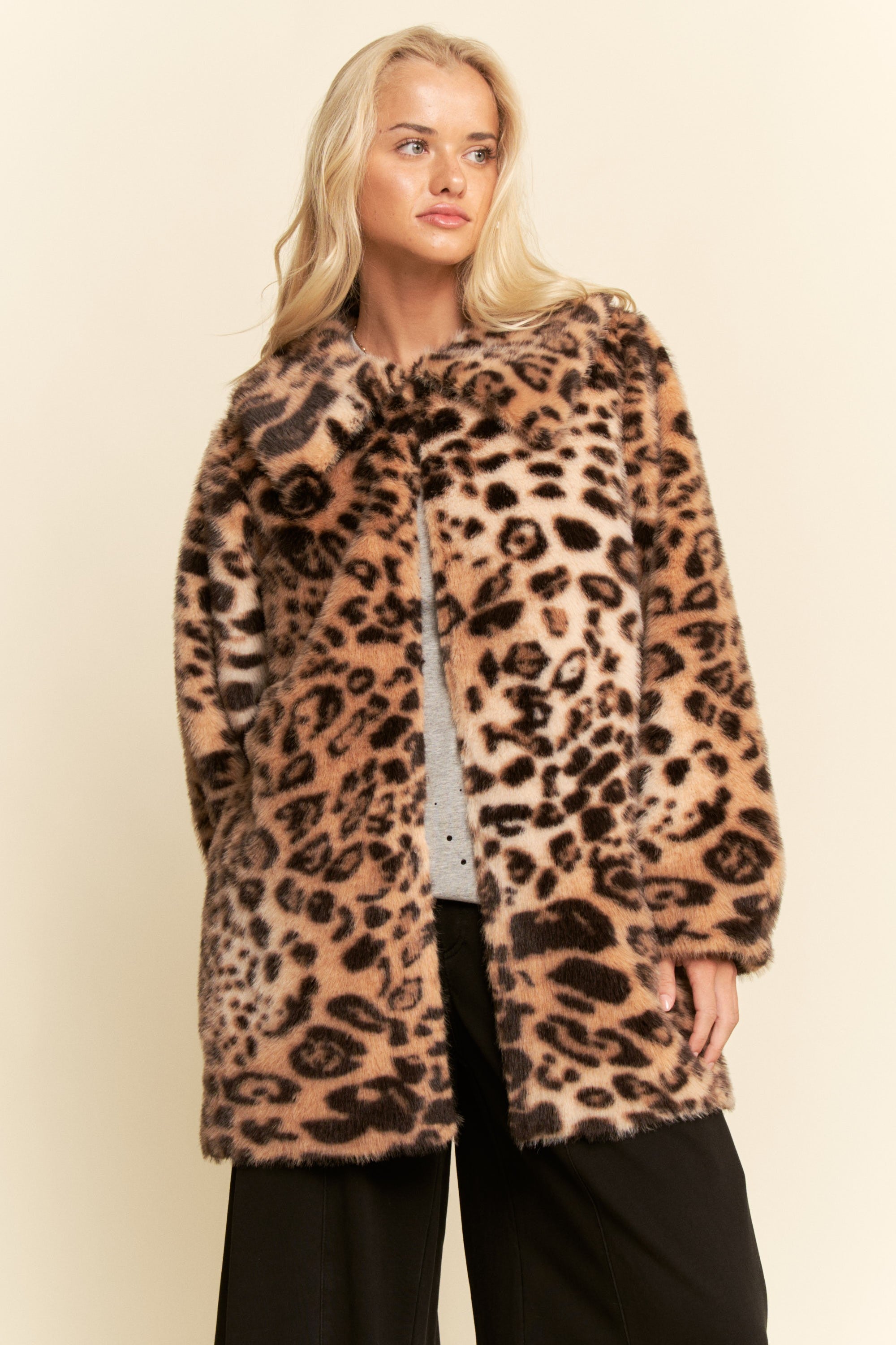 Davi & Dani Leopard Faux Fur Jacket in Taupe Leopard – June Adel