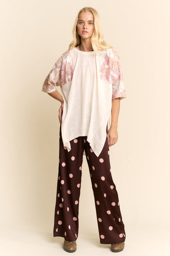 Davi & Dani Knit Top with Sequin Floral Sleeves in Pale Pink