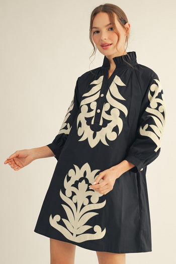Jodifl Baroque Floral Applique Shift Dress in Black ON ORDER