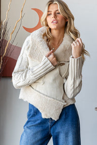 Oli & Hali Faux Fur and Leather CROPPED Jacket with Cable Knit Sweater Sleeves in Cream