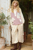 POL Striped Top with Crochet Sleeves and Patches in Cream/Ruby