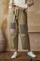 LovLov Paint Splatter and Patched Barrel Pants in Olive