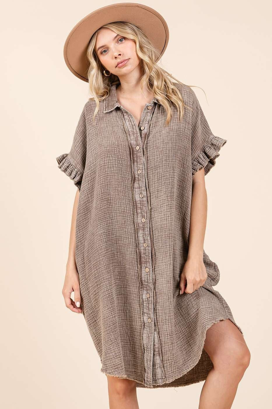 Mittoshop Cotton Gauze Mini Length Shirt Dress in Toffee