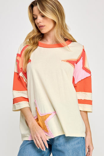 Sage+Fig OVERSIZED Color Block Star Patch Applique Top in Ivory